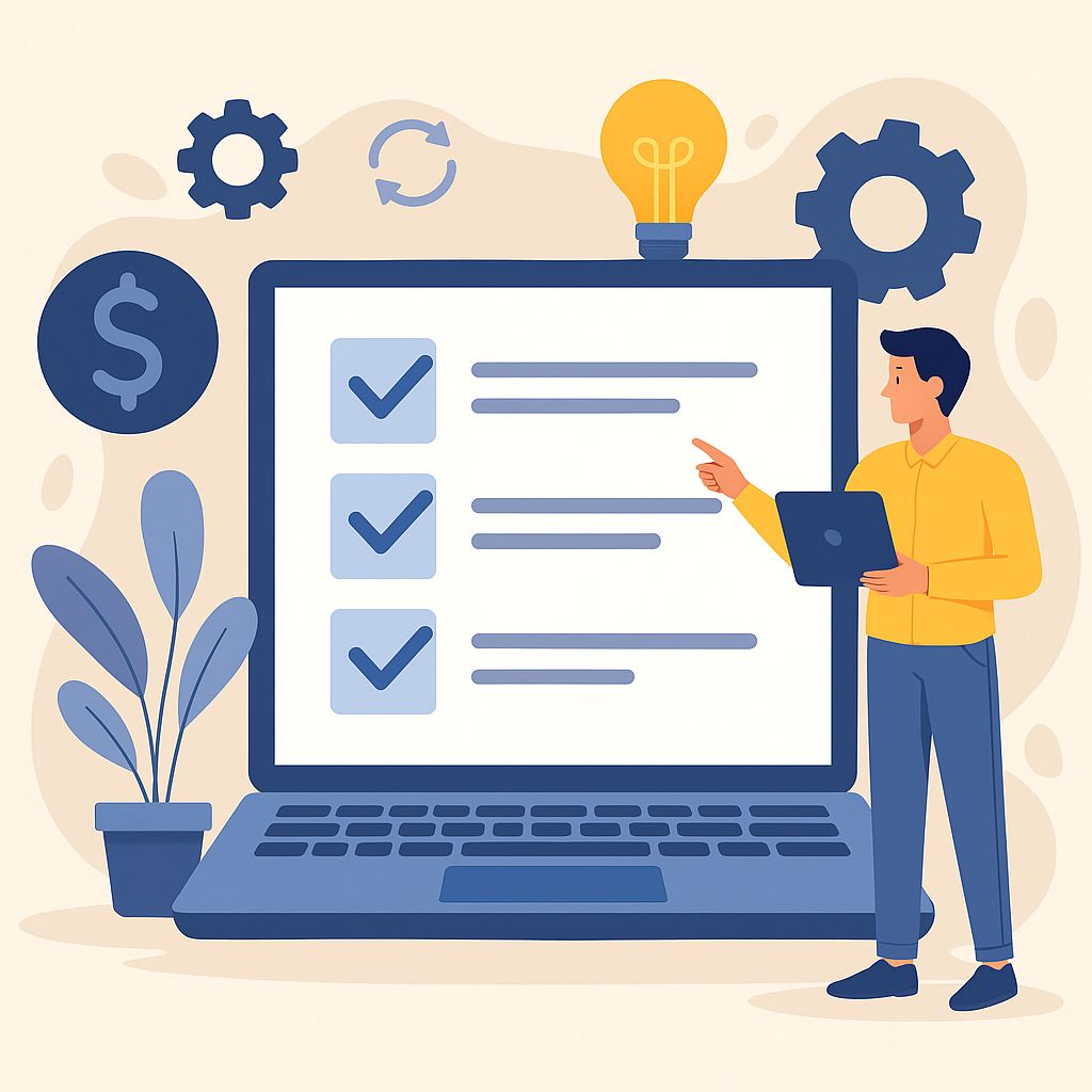 Illustration of a person reviewing a digital checklist on a laptop