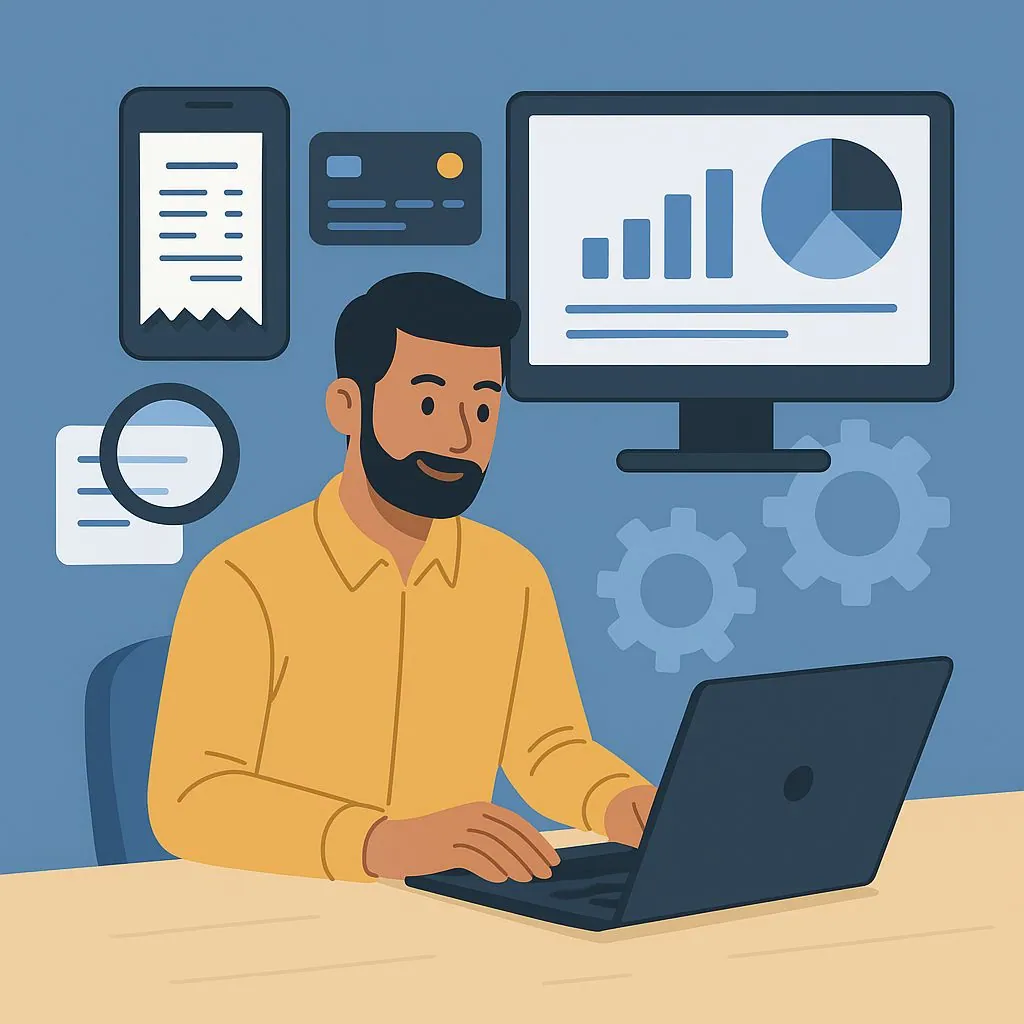Illustration of a man using a laptop with financial data and tools displayed around him