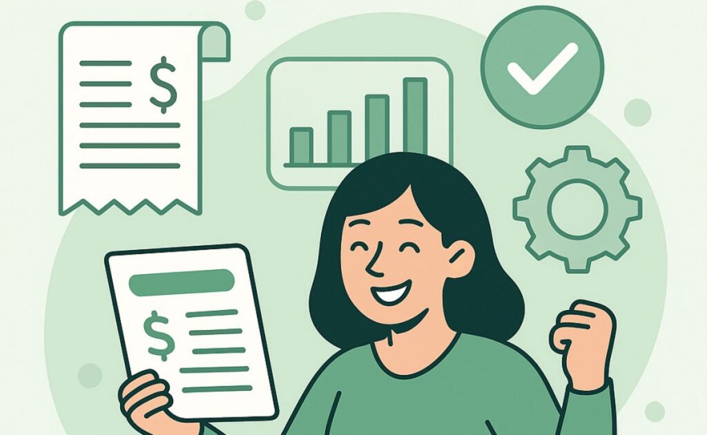 Smiling employee reviewing financial documents online