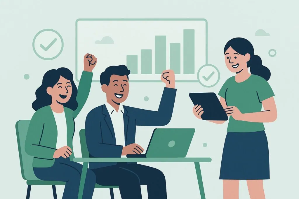 Happy professionals reviewing performance results