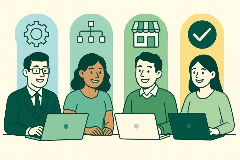 Smiling team members comparing software solutions