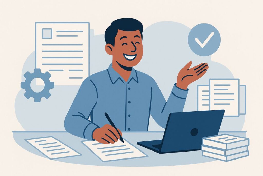 Happy office worker streamlining AP tasks