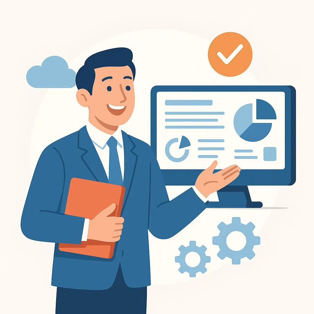 Businessman explaining data synchronization tools