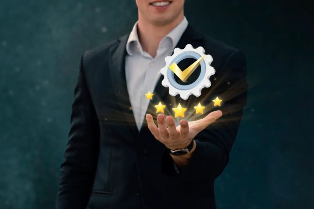 Man holding floating checkmark and five stars