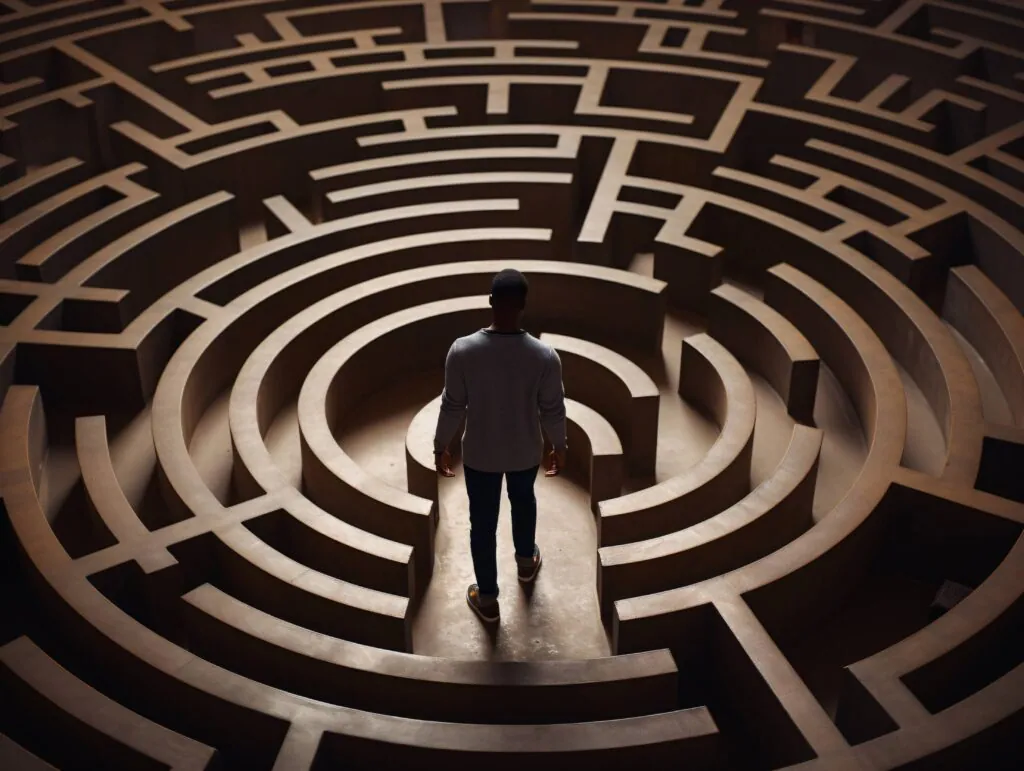 Person navigating large circular maze