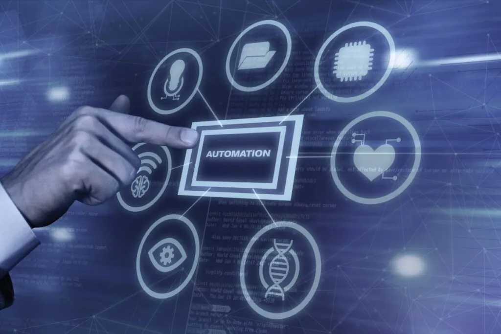 Hand pointing at automation icon on a digital interface