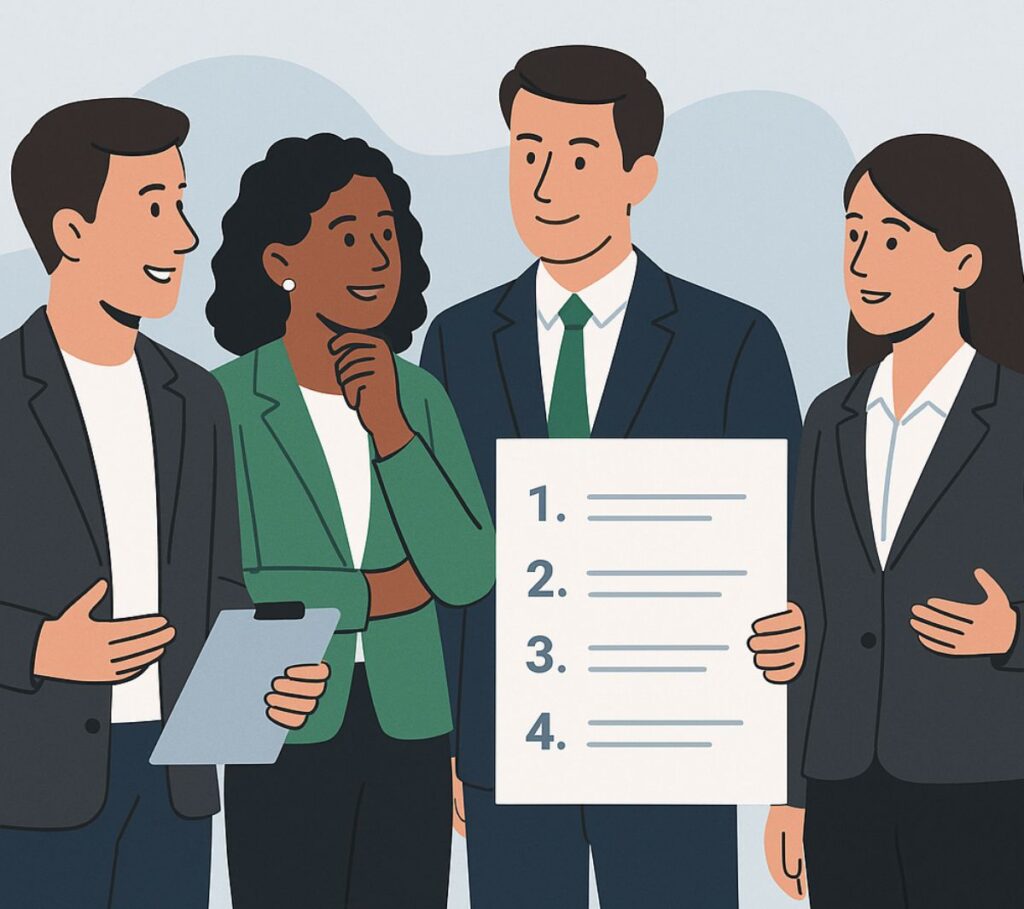 Professionals review phased project timeline steps