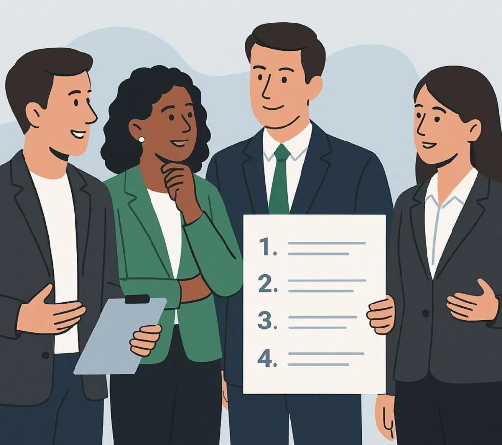 Professionals review phased project timeline steps