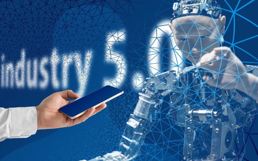 Hand holding a smartphone facing a robot