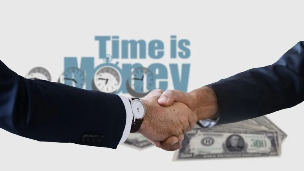Two people shaking hands with "Time is Money" text
