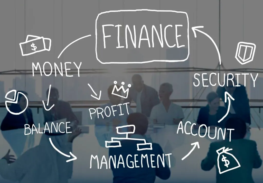 Business meeting with finance-related doodles overlay
