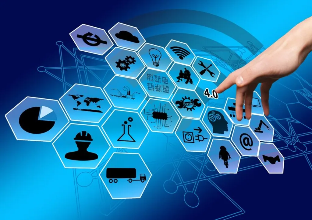Hand interacting with digital icons in hexagons