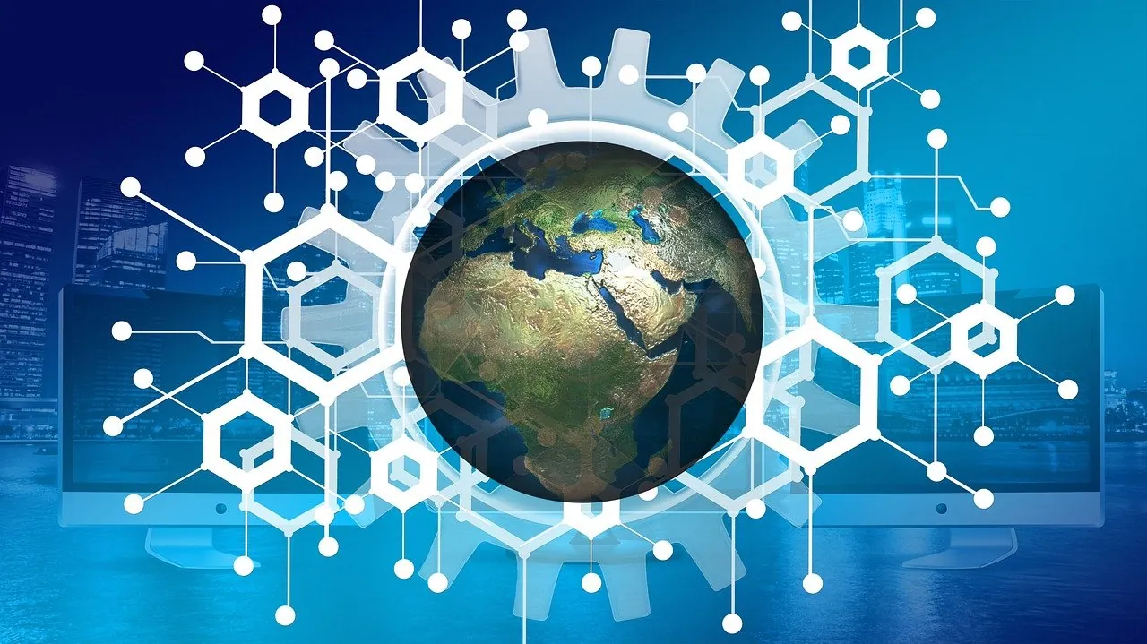 Globe surrounded by digital gears and hexagons