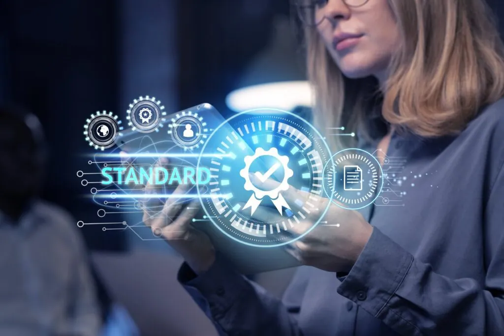 Woman holding a phone with "standard" hologram