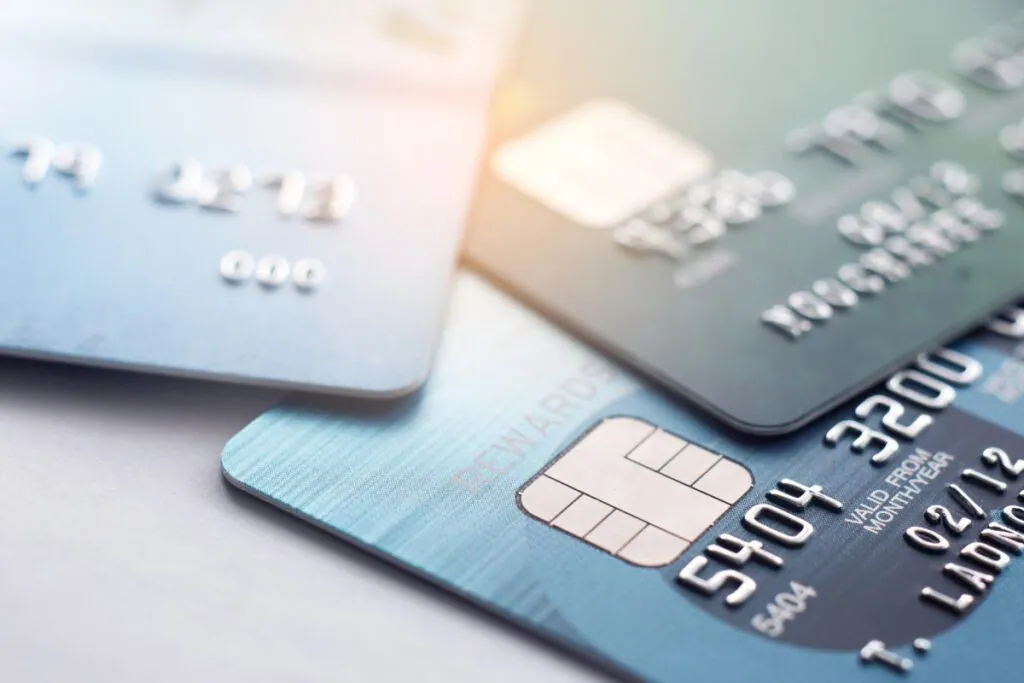 Close-up of three credit cards stacked