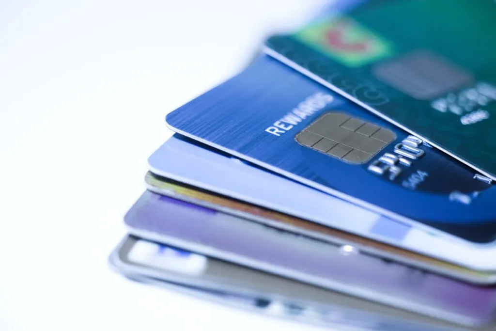 Stack of colorful credit cards close-up