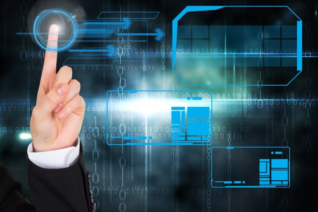 Hand interacting with digital interface elements