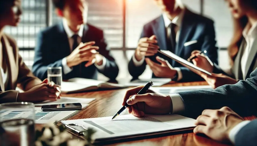 Business professionals discussing documents in meeting