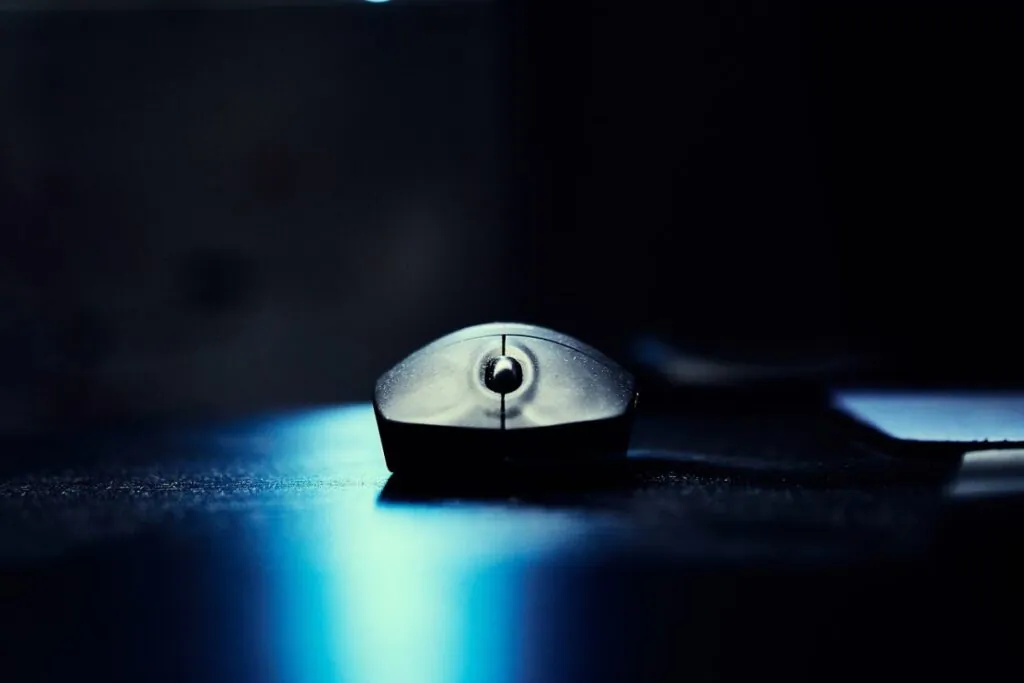 Close-up of a computer mouse in dim light