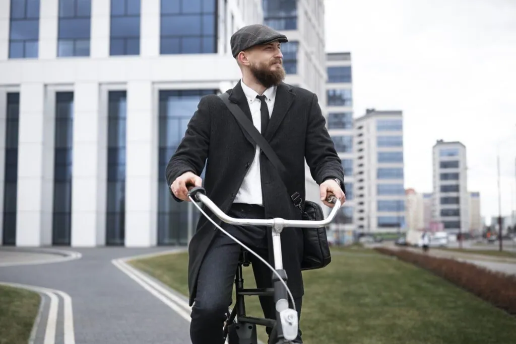 Man riding bike in urban setting