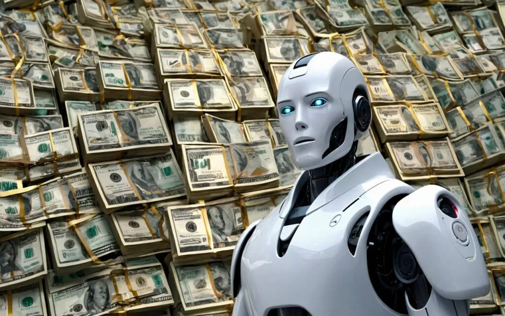 Robot standing in front of stacks of money