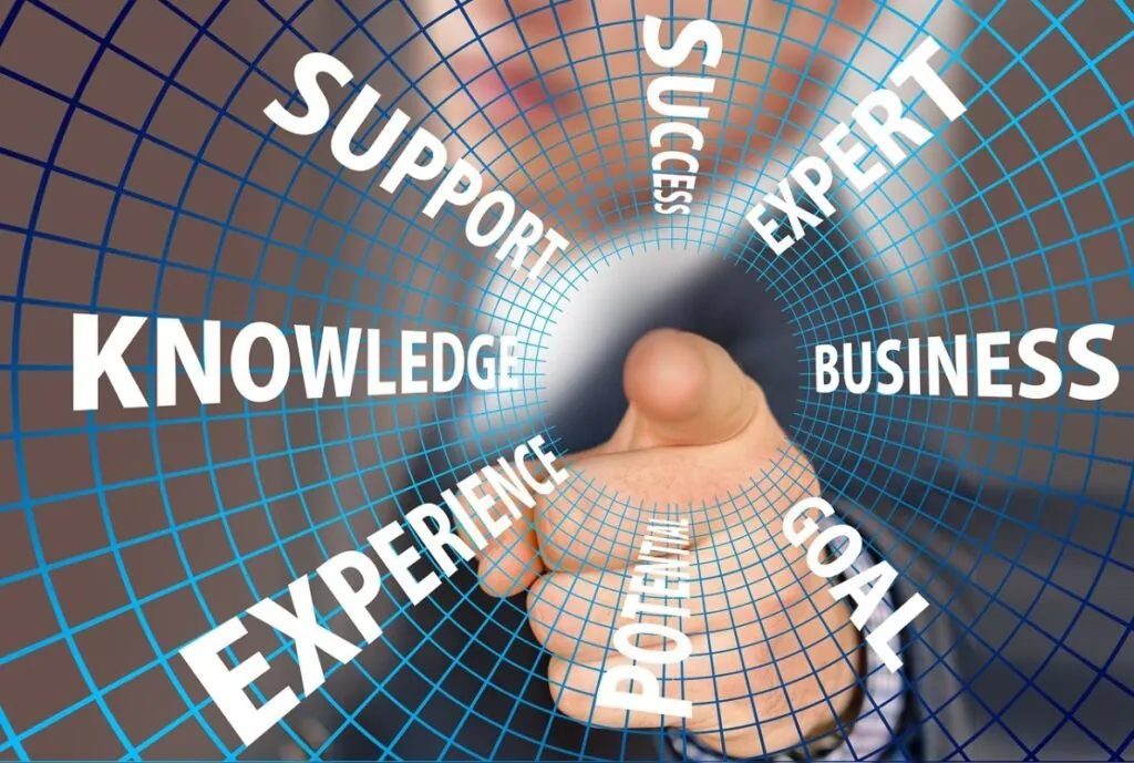 Person pointing at words related to business success