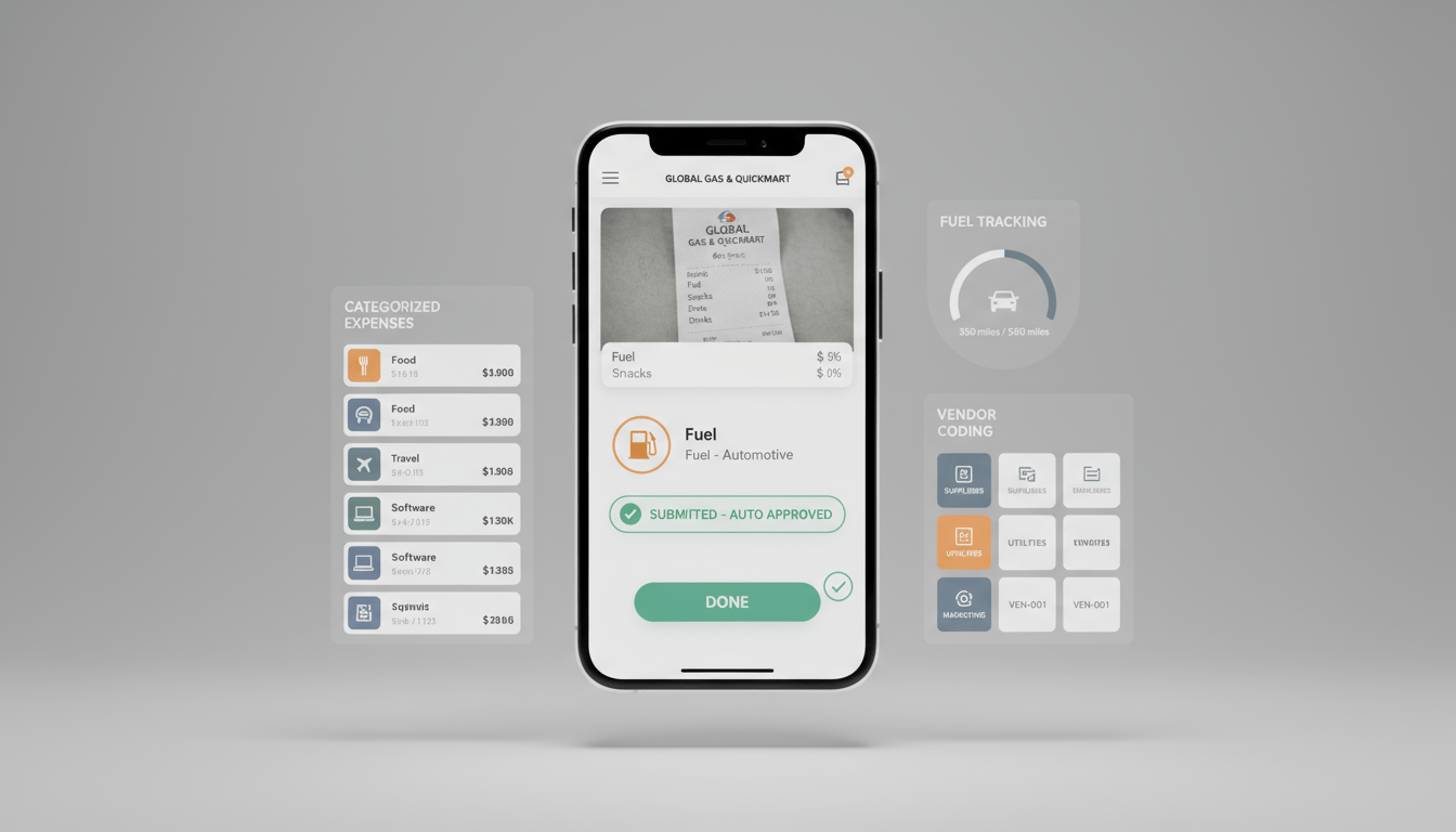 floating smartphone UI mockup showing a clean expense-capture screen with a receipt scan