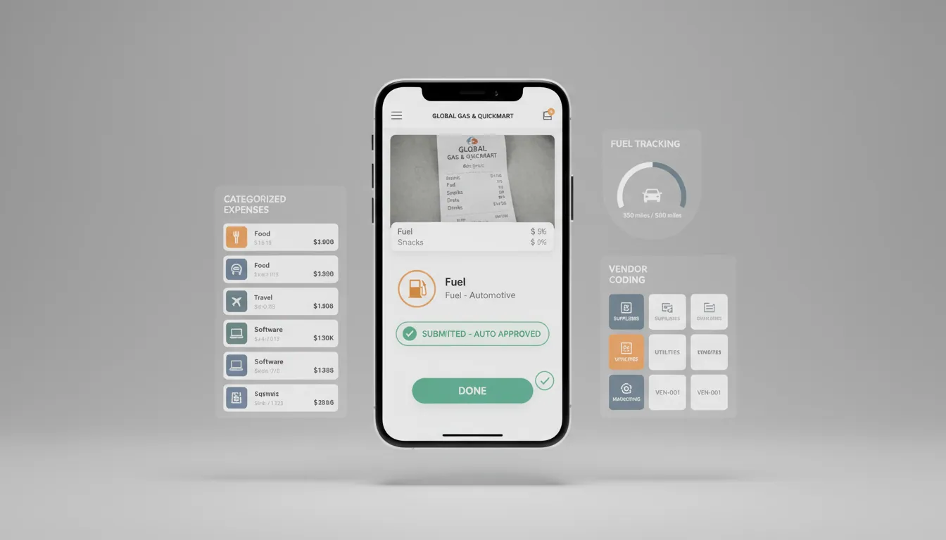 floating smartphone UI mockup showing a clean expense-capture screen with a receipt scan