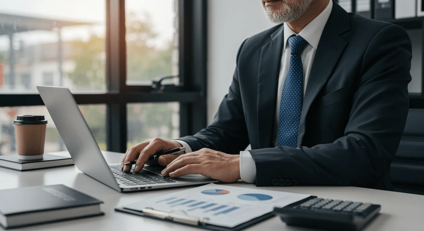 Senior finance executive reviewing high-level financial data on a laptop, confident posture, modern office setting, realistic professional portrait style