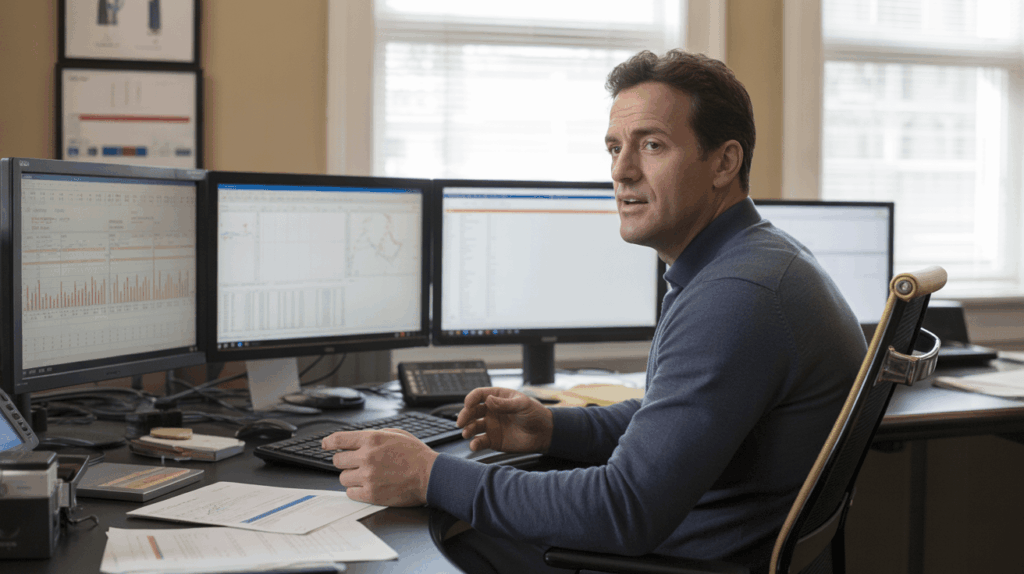 Finance operations manager working quietly at desk with multiple monitors, spreadsheets and dashboards visible, realistic corporate environment, natural light, documentary-style photography