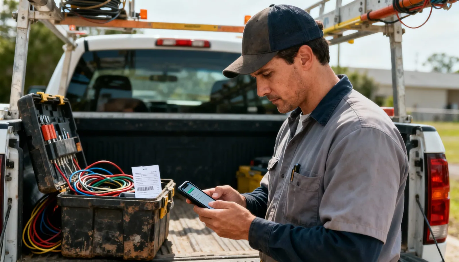 A field technician sitting in a work truck, uploading a receipt using a mobile app, dashboard and tools visible, ultra-realistic lighting, shallow depth of field.