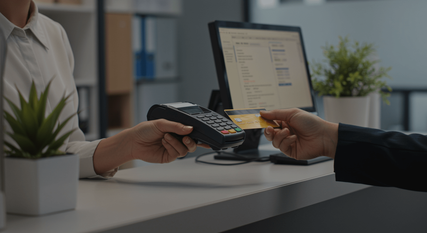 Realistic office environment. An employee paying with a company credit card at a service counter. On the side of the image, a subtle overlay of a finance system showing the transaction instantly appearing. Natural lighting, professional atmosphere, no logos, no posed smiles, documentary-style realism.