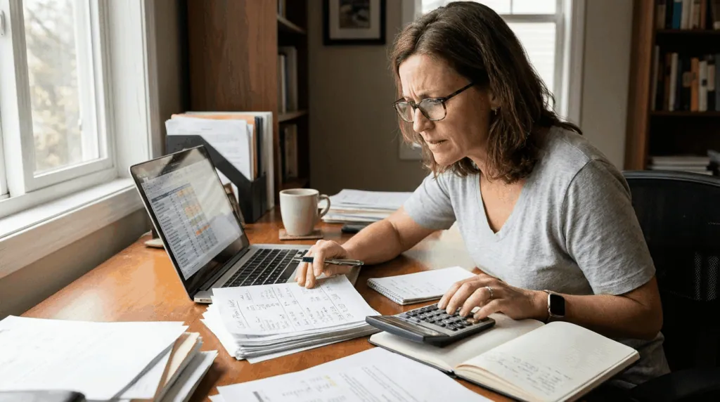 Photograph of a finance lead reviewing cash flow notes and a laptop together, calculator and notebook on desk, focused expression, real-world financial planning moment, natural light
