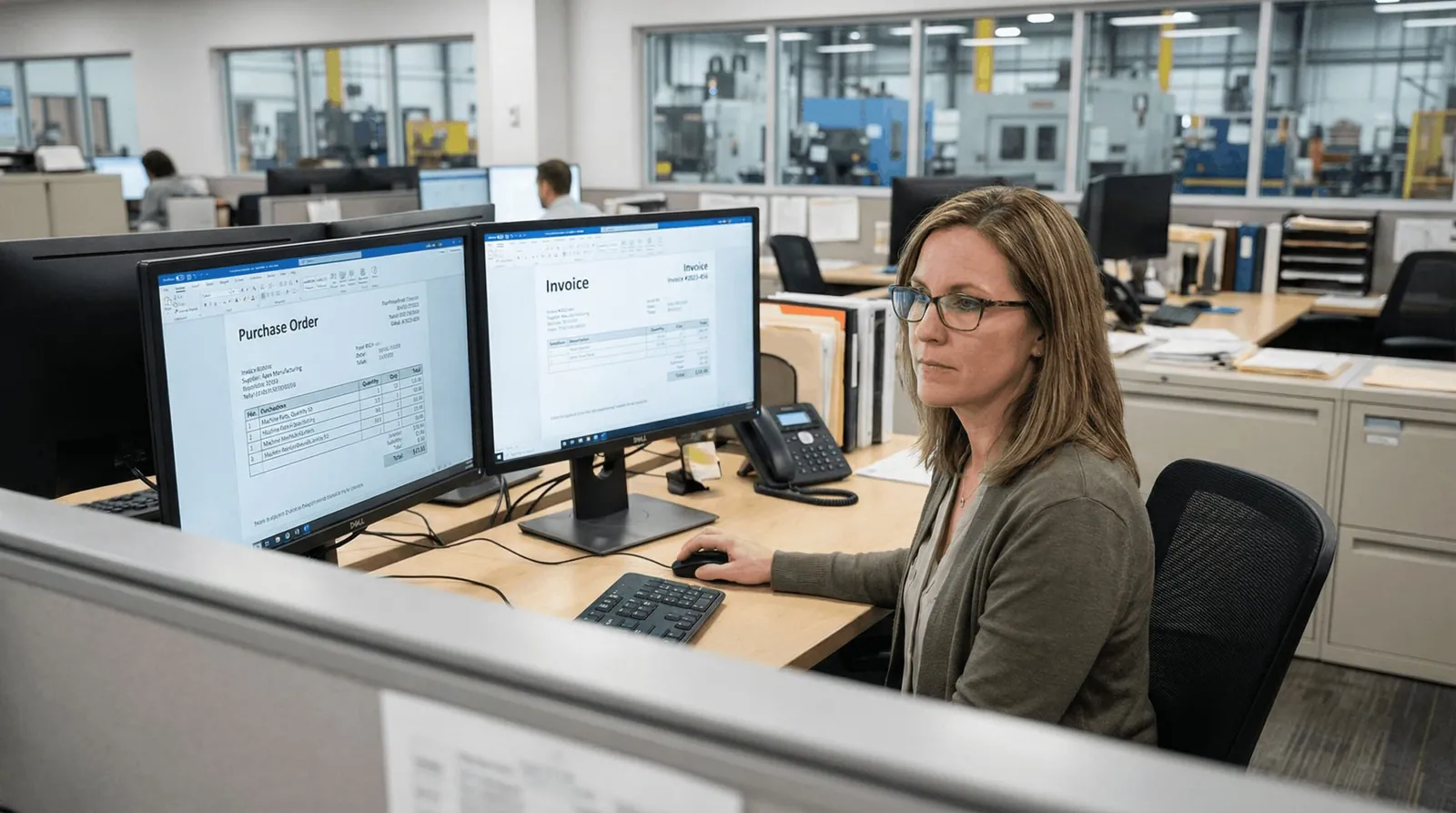 Procurement or finance employee reviewing an invoice matched to a purchase order on a computer screen. PO and invoice aligned side-by-side. Professional manufacturing or operations office background, realistic enterprise workflow.