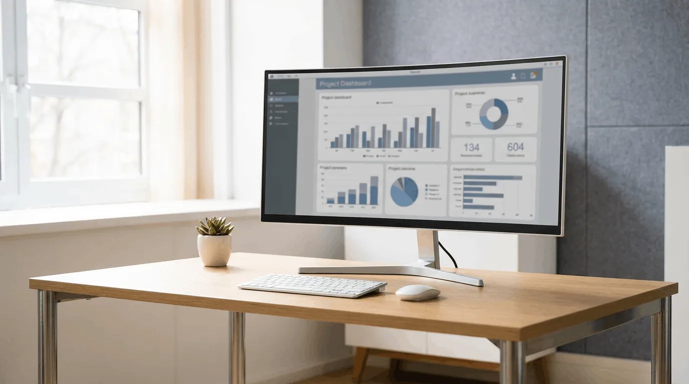 Ultra-realistic photo of a modern office workspace showing a large monitor with a clean project cost dashboard, charts and numbers visible but not readable, calm natural lighting, minimal desk setup, neutral tones, professional atmosphere, no people, no branding, no text overlay