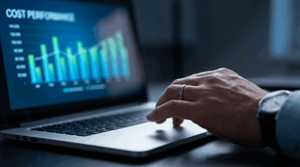 Close-up realistic image of a hand hovering over a laptop trackpad while reviewing a cost performance chart, focus on screen glow and hand detail, professional lighting, subtle motion, no readable data