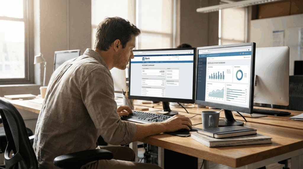 Side-angle photo of a person comparing two screens: one with a bank portal open and another with a centralized payment dashboard, real workstation, natural lighting, neutral and realistic office environment