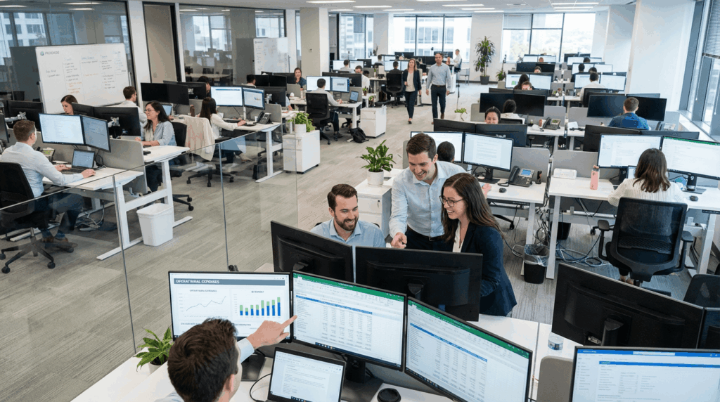 Growing company office with multiple teams working smoothly, finance team confidently monitoring expenses on screens, organized environment, sense of scale and structure, ultra-realistic photography, no staged poses
