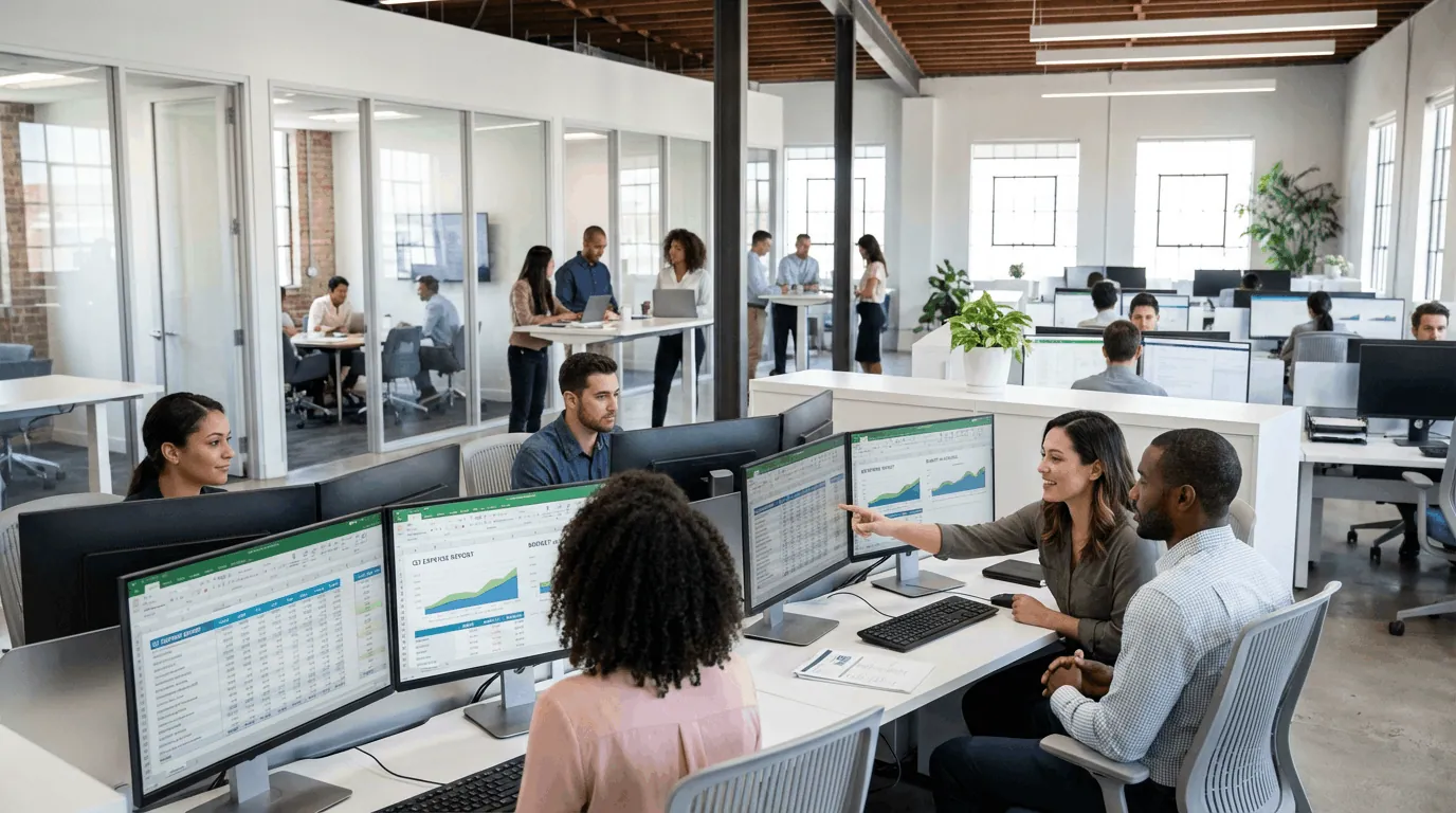 Company office with multiple teams working smoothly