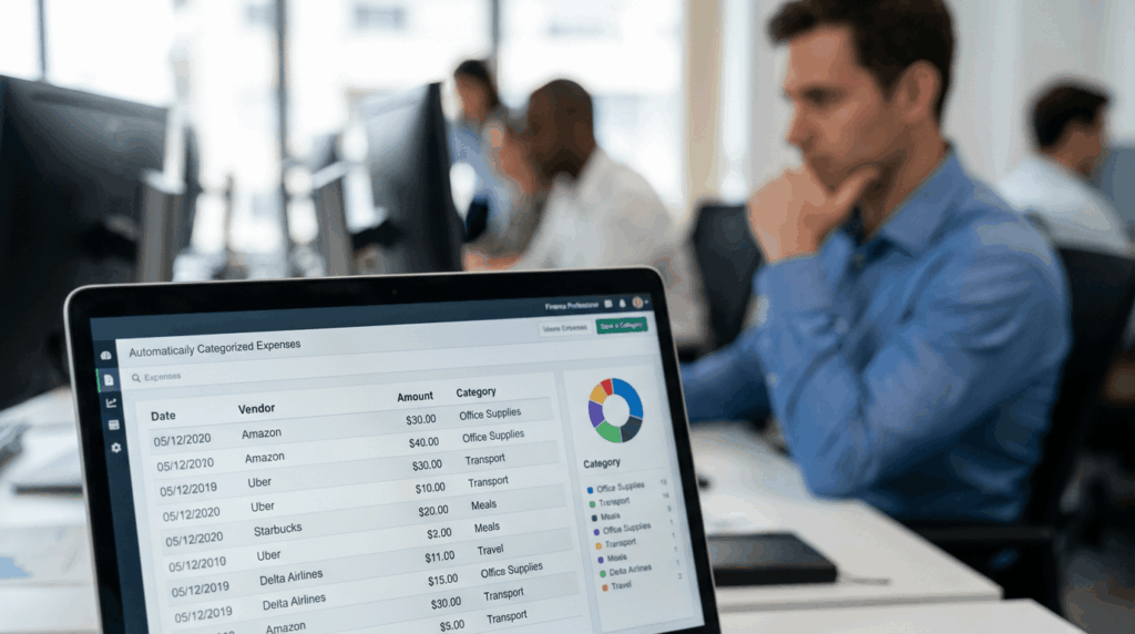 Close-up of a computer screen displaying automatically categorized expenses, categories and vendors clearly visible, clean UI, finance professional working in background, realistic office scene, shallow depth of field