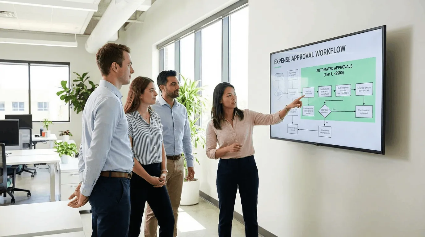 Finance team reviewing an expense approval flow on a large monitor, automated approvals highlighted on screen, calm focused expressions, modern office, realistic lighting, no futuristic elements