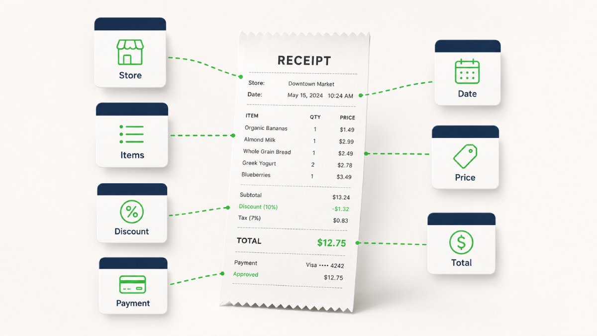 An itemized receipt with its required parts called out: vendor, date, line items, quantity and unit price, tax, total, and payment method