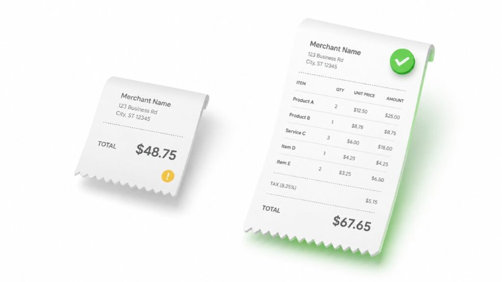 Comparison of a credit card slip showing only a total versus an itemized receipt showing line items, quantities, unit prices, and tax