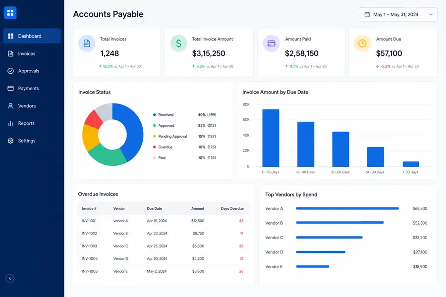 Clean SaaS dashboard illustration for accounts payable process, modern flat UI style, brand blue accents