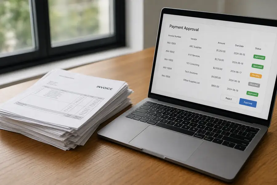 Stack of vendor invoices beside a laptop showing a payment approval screen, realistic photo