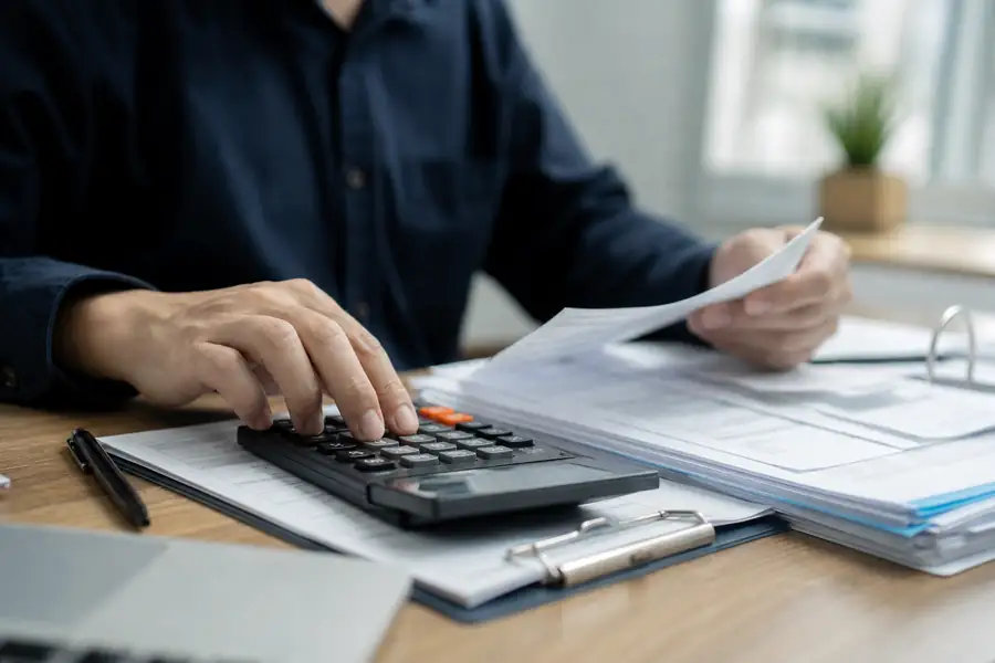 Of finance team member processing bills at a tidy office desk, shallow depth of field, realistic photo