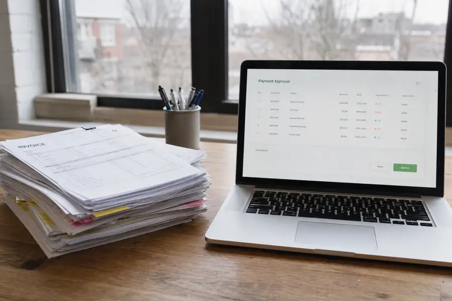 Stack of vendor invoices beside a laptop showing a payment approval screen, realistic photo