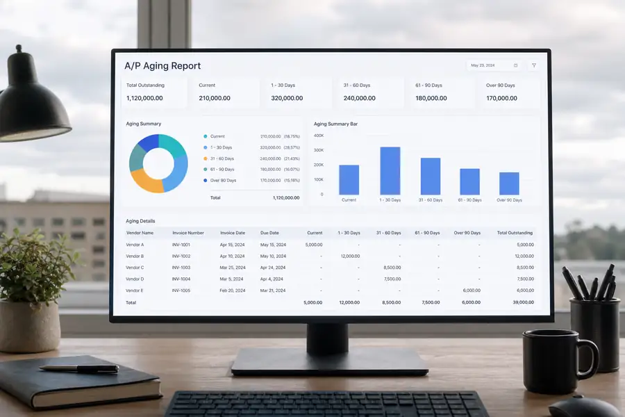 Clean SaaS dashboard illustration for ap aging report, modern flat UI style, brand blue accents