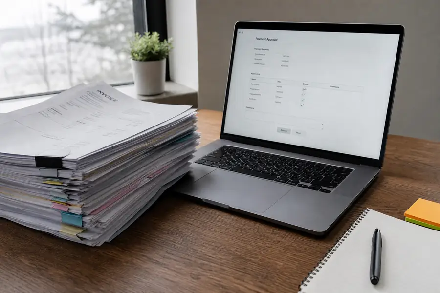 Stack of vendor invoices beside a laptop showing a payment approval screen