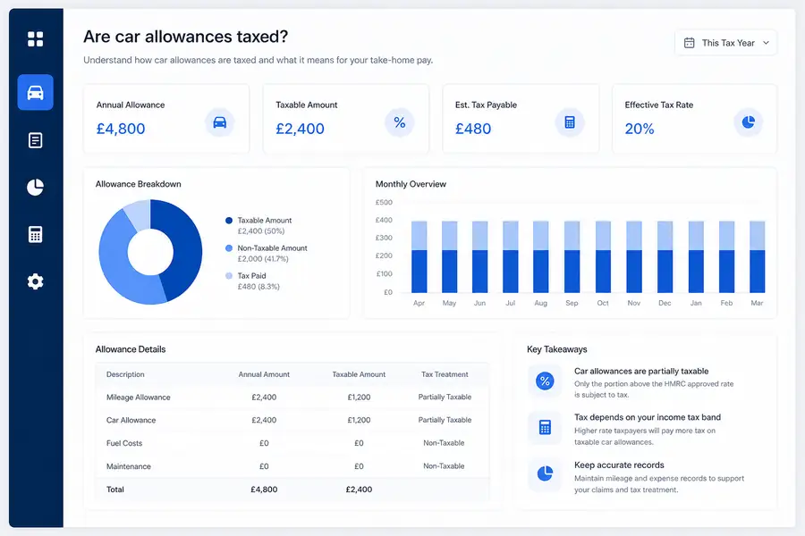Clean SaaS dashboard illustration for are car allowances taxed, modern flat UI style, brand blue accents